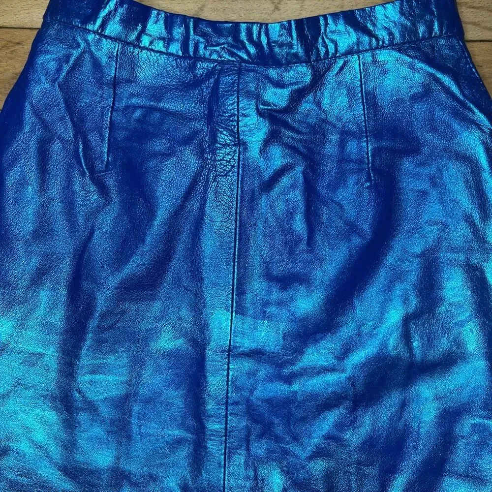 Michael Hoban x North Beach Leather Upcycled Metallic Blue Mini Pencil Skirt 3/4